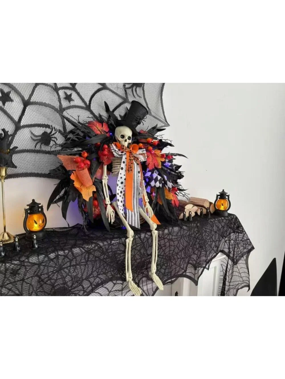 28-Inch Lighted Halloween Skeleton Wreath | Gothic Dark Aesthetic Door Decor